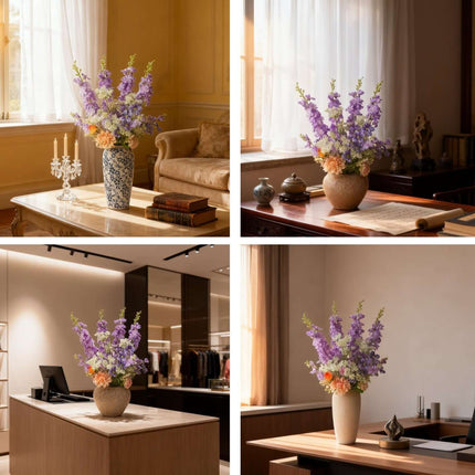 Handmade delphinium artificial flower arrangement displayed in various indoor settings.