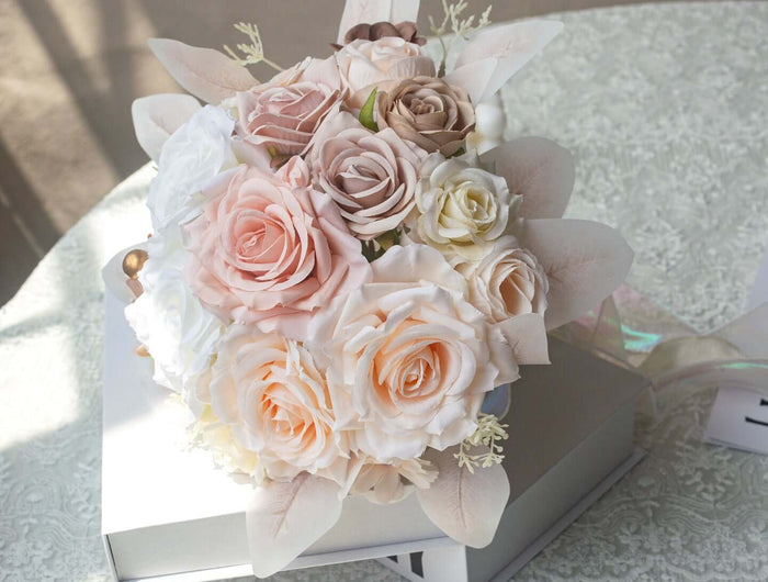 Handmade realistic artificial rose bouquet with soft pastel colors, perfect for weddings and special occasions.