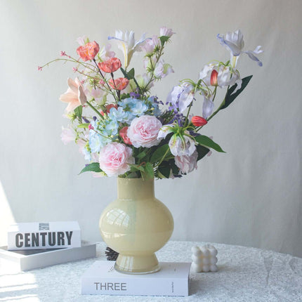 Realistic artificial Peony flower arrangement in a yellow vase, perfect for table decor.