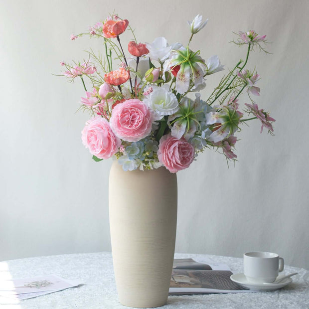 Handmade Pink-white Silk artificial flower arrangement in a vase with pink and white flowers.