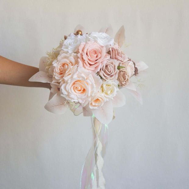 Handmade realistic artificial rose bouquet in soft pastel colors, perfect for weddings and special occasions.