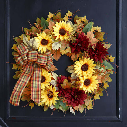 Vintage Artificial Wreath with sunflowers and warm - hued blossoms on a dark background, perfect for enhancing vintage - style spaces.