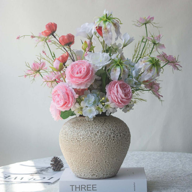 Handmade Pink-white Silk artificial flower arrangement in a decorative vase with pink and white blooms.