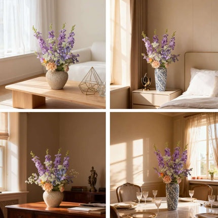 Handmade delphinium artificial flower arrangement displayed in elegant home settings.