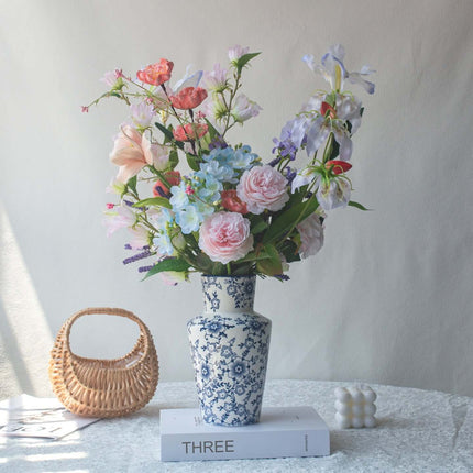 Realistic artificial Peony flower arrangement in a decorative blue vase, perfect for table decor.