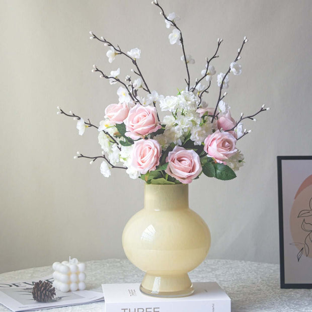Handmade artificial rose plum blossom arrangement in a yellow vase for home decor.