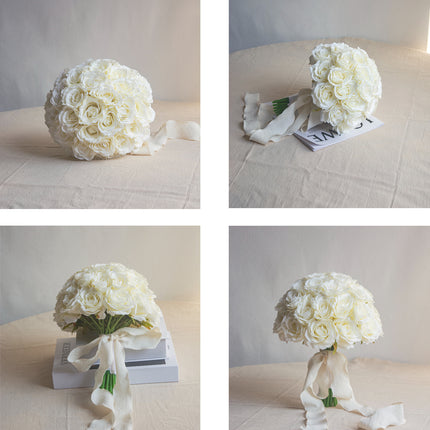 High-Quality artificial cream white silk rose bridal bouquet displayed from multiple angles on a neutral background.