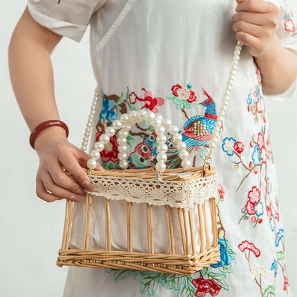 Rattan Woven Crossbody Bag, Vintage Beach Travel  Bag, Willow Handwoven, Faux Pearl, Handheld Basket Bag