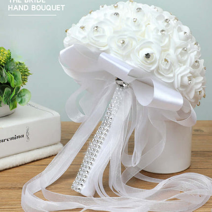 Bridal Rhinestone-Imitation Bouquet, Artificial Roses Flowers,Stylish White Rose Bouquet, PE and Lace, Luxury Wedding Decoration