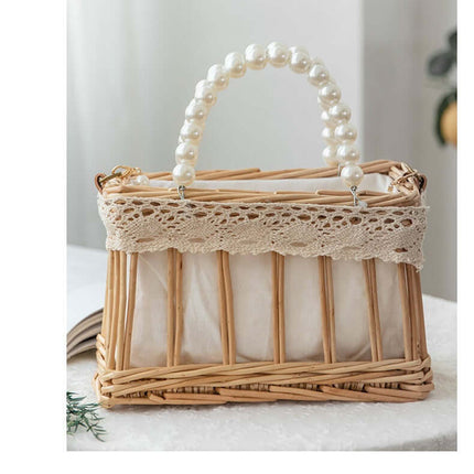 Rattan Woven Crossbody Bag, Vintage Beach Travel  Bag, Willow Handwoven, Faux Pearl, Handheld Basket Bag