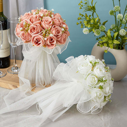 Outdoor Wedding Artificial Rose Flower Bouquet, Bridal Bouquet, Silk-Like Texture, Forest Style, Hand-Held Tulle Bouquet