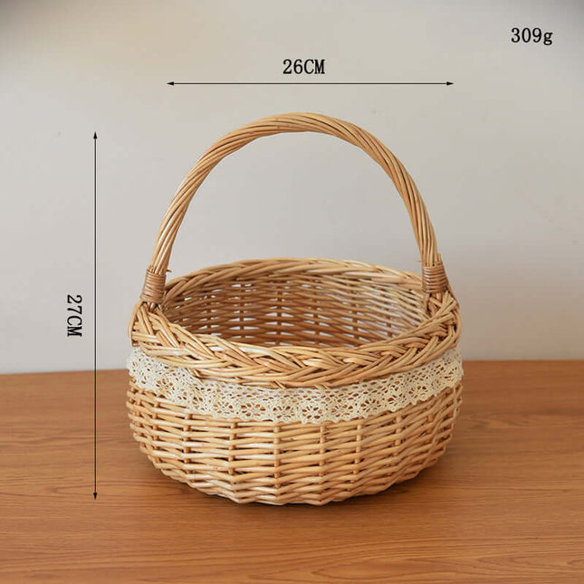 Handwoven Willow Handheld Flower Basket, Woven Lace Storage Basket, Pastoral Style