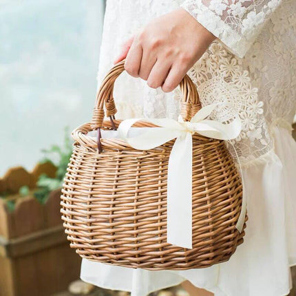 Woven Rattan Flower Basket Handbag, Handmade Wicker Handbag, Braided Vegetable Basket, Fabric Lining, Women's Woven Bag