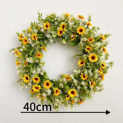 Spring Artificial Daisy Wreath, Artificial Sunflower, Multi-Variety Flowers,Plastic Rattan Ring, Bee Festival , Door Decor