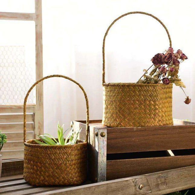 Handwoven Straw Artificial Flower Basket, Handheld Woven Flower Arranging Basket, Plant Pot, Pastoral Style, Home Decor