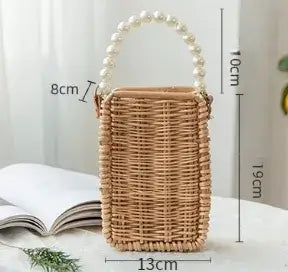 Rattan Woven Crossbody Bag, Vintage Beach Travel  Bag, Willow Handwoven, Faux Pearl, Handheld Basket Bag