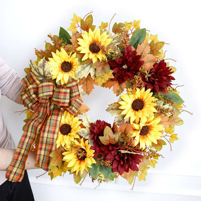 Realistic Artificial Sunflower Wreath, Plastic and Cloth, Autumn Wreath, Suitable for Home Door Decoration, Harvest Festival, Thanksgiving