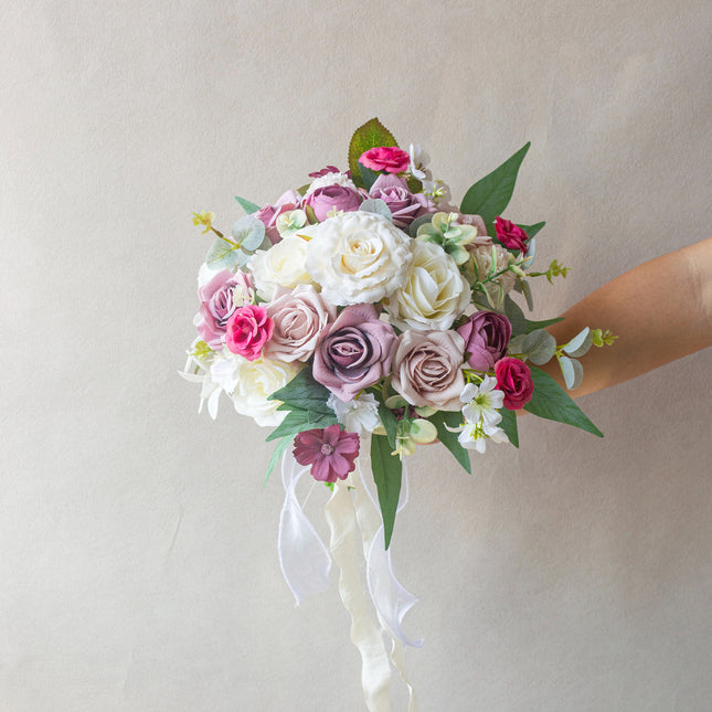 Artificial Bridal Bouquet, Pink Purple Series - High Realism & Nice Touch - Living Room Bedroom Decor - Maintenance-Free