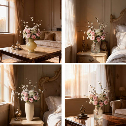 Handmade artificial rose plum blossom arrangement displayed in elegant home decor settings.