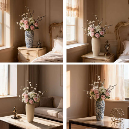 Handmade artificial rose plum blossom arrangement in decorative vases for stylish home decor.