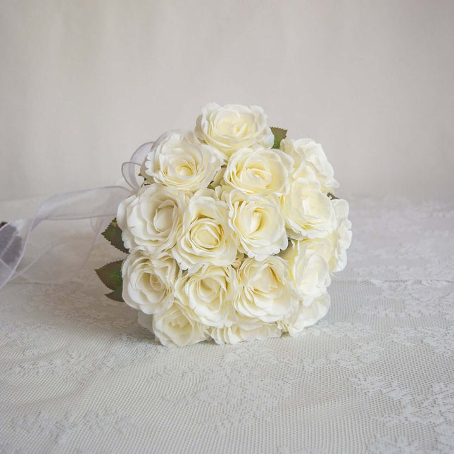 Handmade realistic rose Artificial bouquet featuring white rose flowers arranged elegantly.