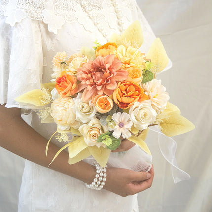 Artificial Flowers,High-Grade Simulated Silk Like Flower Bride’s Bouquet - Sunshine Orange-Yellow, High Simulation for Wedding/Photo/Home Decor