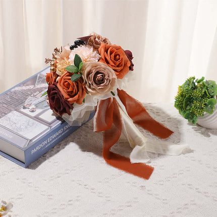 Artificial Rose Flowers Wedding Bouquet, Silk-Like Material, Groom's Boutonniere, Bride's Wrist Corsage, Forest-Style Handheld Bouquet