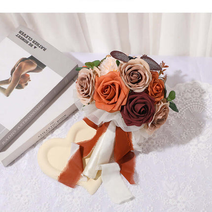 Artificial Rose Flowers Wedding Bouquet, Silk-Like Material, Groom's Boutonniere, Bride's Wrist Corsage, Forest-Style Handheld Bouquet