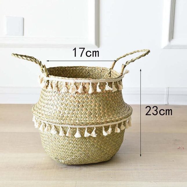 Handwoven Straw Hanging Planter, Storage Basket, Foldable, Tassel Basket, Multiple Sizes,Plant Pot
