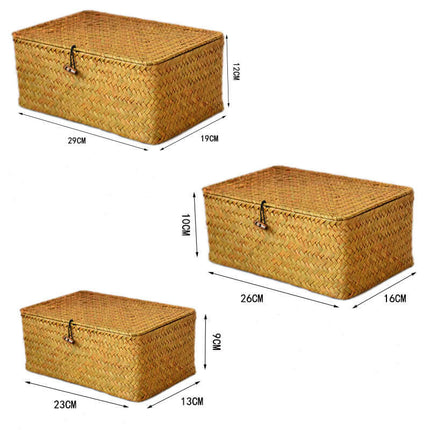 Natural Straw Woven Storage Basket, Cosmetic Gift Organizer Box, Long Square Black Buckle Strap, Flat Lid Souvenir Gift