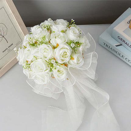 Outdoor Wedding Artificial Rose Flower Bouquet, Bridal Bouquet, Silk-Like Texture, Forest Style, Hand-Held Tulle Bouquet