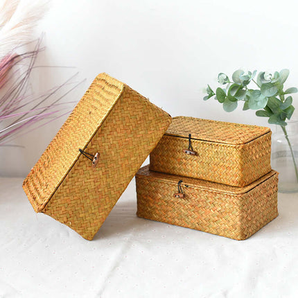 Natural Straw Woven Storage Basket, Cosmetic Gift Organizer Box, Long Square Black Buckle Strap, Flat Lid Souvenir Gift
