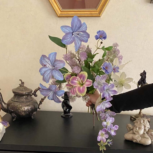 Realistic  Artificial Flower Silk like Bouquet Set, Oil Painting Style, Purple Tone, Photography Scenery, Flower Arrangement, Window Display Soft Decor Matching