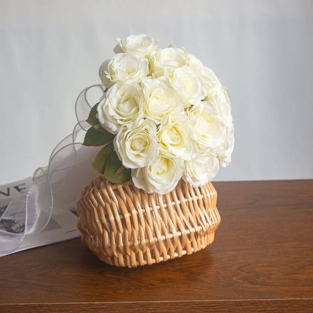 Handmade realistic rose Artificial bouquet in a woven basket, perfect for wedding decor and photo props.