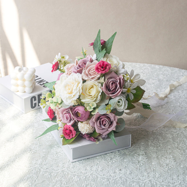 Artificial Bridal Bouquet, Pink Purple Series - High Realism & Nice Touch - Living Room Bedroom Decor - Maintenance-Free