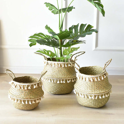 Handwoven Straw Hanging Planter, Storage Basket, Foldable, Tassel Basket, Multiple Sizes,Plant Pot