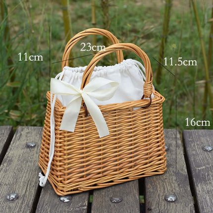 Woven Rattan Flower Basket Handbag, Handmade Wicker Handbag, Braided Vegetable Basket, Fabric Lining, Women's Woven Bag
