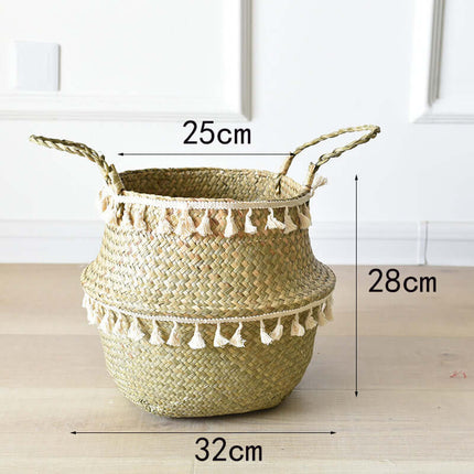 Handwoven Straw Hanging Planter, Storage Basket, Foldable, Tassel Basket, Multiple Sizes,Plant Pot