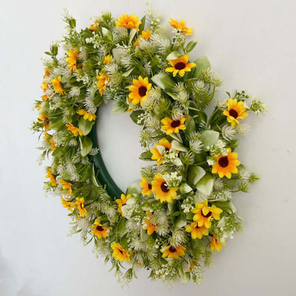 Spring Artificial Daisy Wreath, Artificial Sunflower, Multi-Variety Flowers,Plastic Rattan Ring, Bee Festival , Door Decor