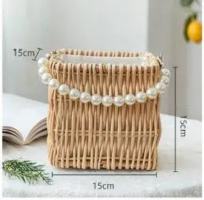 Rattan Woven Crossbody Bag, Vintage Beach Travel  Bag, Willow Handwoven, Faux Pearl, Handheld Basket Bag