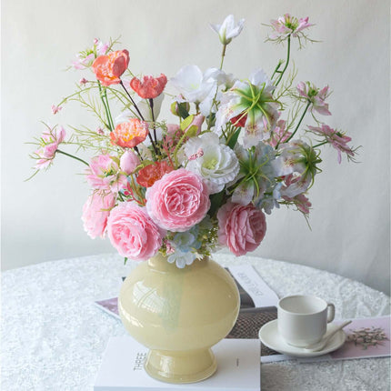Handmade Pink-white Silk artificial flower arrangement in a yellow vase with various colorful blooms.