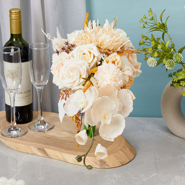 Wedding Bouquet, Artificial Roses Flowers, Teardrop Waterfall Bohemian Style, Wrist Corsage & Boutonniere Set, For Decoration