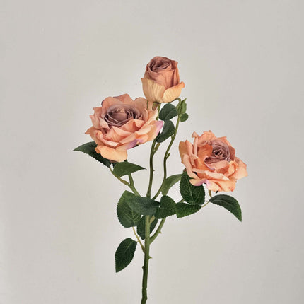 Silk Cloth High-Realistic Menta Rose Artificial Flowers, Handheld Bouquet, Vintage Style, 3 Heads with Faded Edges & Oil Painting Effect, Suit for Wedding Anniversaries/Birthday Gifts