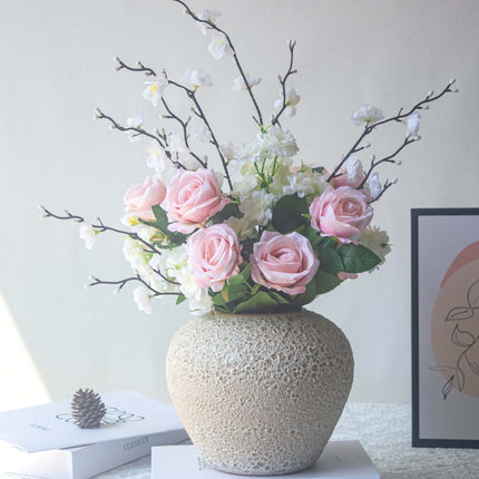 Handmade artificial rose plum blossom arrangement for Home Decor in a textured vase with pink roses and white blossoms.