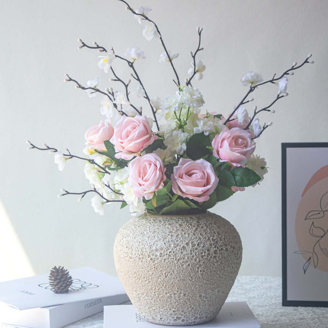 Handmade artificial rose plum blossom arrangement for Home Decor in a textured vase with pink roses and white blossoms.