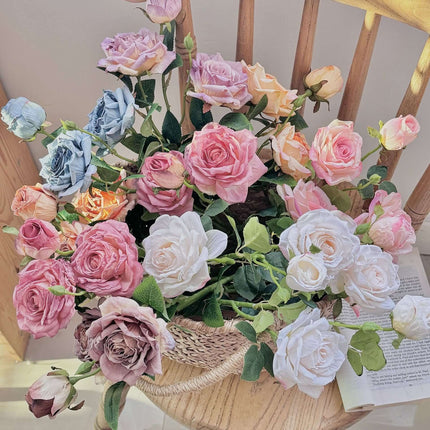 Silk Cloth High-Realistic Menta Rose Artificial Flowers, Handheld Bouquet, Vintage Style, 3 Heads with Faded Edges & Oil Painting Effect, Suit for Wedding Anniversaries/Birthday Gifts