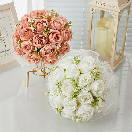 Outdoor Wedding Artificial Rose Flower Bouquet, Bridal Bouquet, Silk-Like Texture, Forest Style, Hand-Held Tulle Bouquet