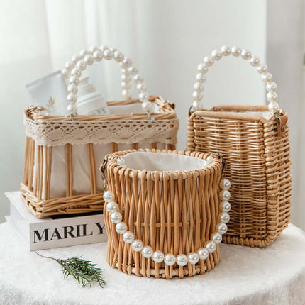 Rattan Woven Crossbody Bag, Vintage Beach Travel  Bag, Willow Handwoven, Faux Pearl, Handheld Basket Bag