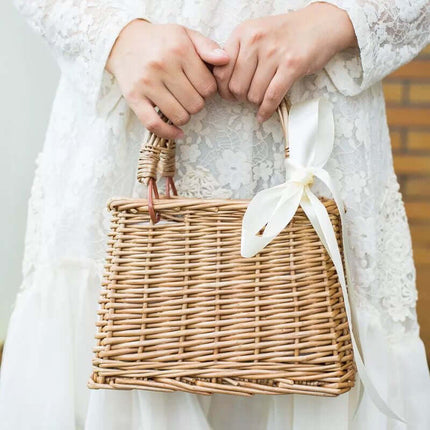 Woven Rattan Flower Basket Handbag, Handmade Wicker Handbag, Braided Vegetable Basket, Fabric Lining, Women's Woven Bag