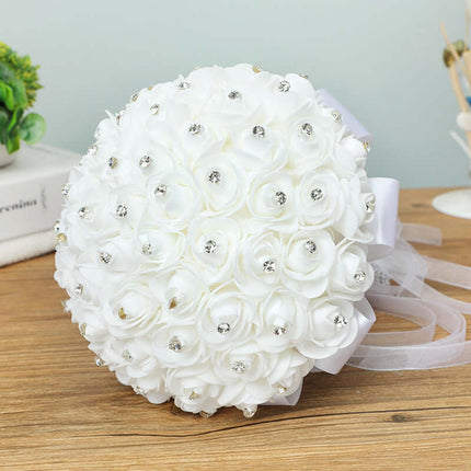 Bridal Rhinestone-Imitation Bouquet, Artificial Roses Flowers,Stylish White Rose Bouquet, PE and Lace, Luxury Wedding Decoration